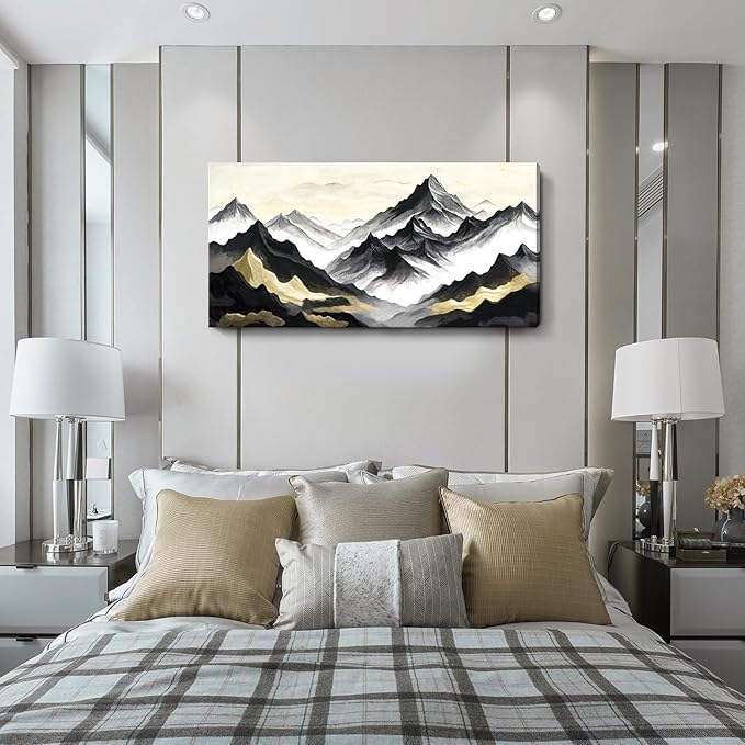 Large Black White And Gold Natural Landscape Wall Art For Living Rooms; Modern Abstract Canvas Prints Artwork For Walls; Chinese-Style Mountain Pictures For Bedrooms, Hallways, And Offices. 48X24 Inches.