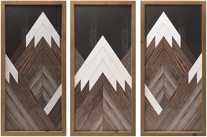 flangairy Set of 3 Mountain Wall Art Framed, 21×10 Inchs Wooden Brown White Abstract Forest Nature Wall Decor, Living Dining Room Bedroom Hallway Rustic Decorations for Home