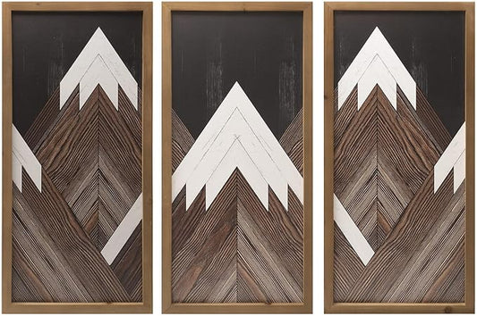 flangairy Set of 3 Mountain Wall Art Framed, 21×10 Inchs Wooden Brown White Abstract Forest Nature Wall Decor, Living Dining Room Bedroom Hallway Rustic Decorations for Home