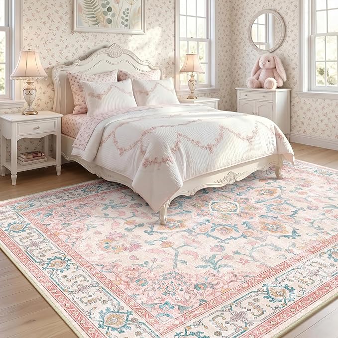 CAPALOCA Machine Washable Rugs Nursery Rug 6x9 Cute Girl Non Slip Low Pile Water Repellent Soft Print Pattern for Bedroom Indoor Decor Kids Playroom Pink Teal