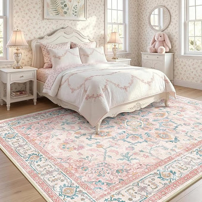 CAPALOCA Machine Washable Rugs Nursery Rug 8x10 Cute Girl Non Slip Low Pile Water Repellent Soft Print Pattern for Bedroom Indoor Decor Kids Playroom Pink Teal