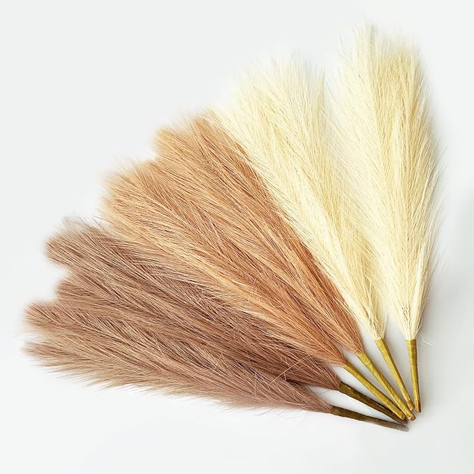 Pampas Grass Decor, Fluffy Faux Pampas Grass 6 Stem 18"/45cm Pompous Grass Small Flower Arrangement and Vase Filler for Boho Home Wedding Decoration