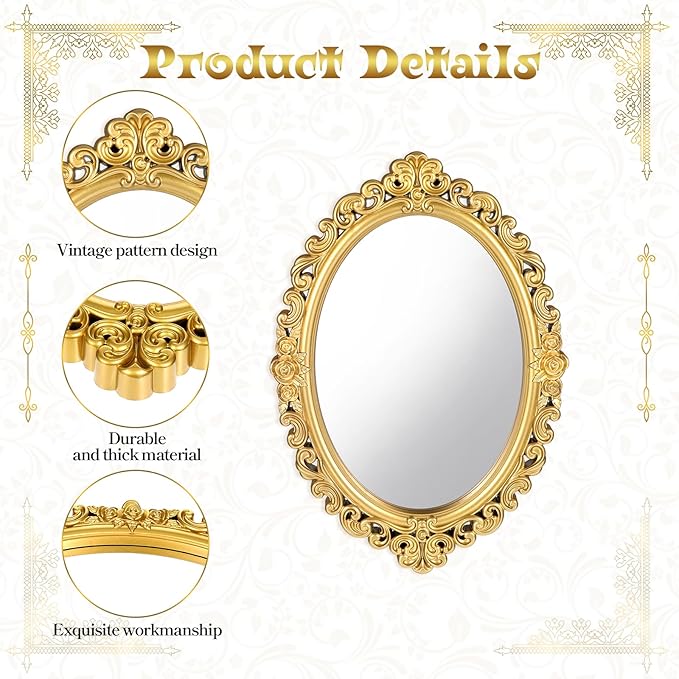 Ptwola 2PCS Vintage Decorative Wall Mirror Small Oval Wall Hanging Mirrors Antique Gold Carved Framed Mirror for Entryways Bedroom Living Room Dresser Decor