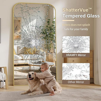 XRAMFY 40x86 Inch Floor Length Mirror with Stand, Full Length Standing Mirror for Bedroom, Full Body Tall Mirrors with Modern Aluminum Alloy Frame in Gold, Home Decor