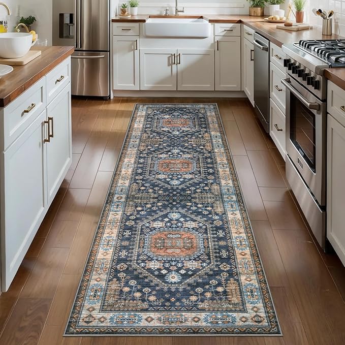 Tangsoo 2.6x8 Washable Runner Rug for Hallways,Vintage Non-Slip Kitchen Runner Rugs Non-Slip Soft Low Pile Long Rug Runner for Bedroom Entryway Laundry Bathroom Living Room Blue Orange
