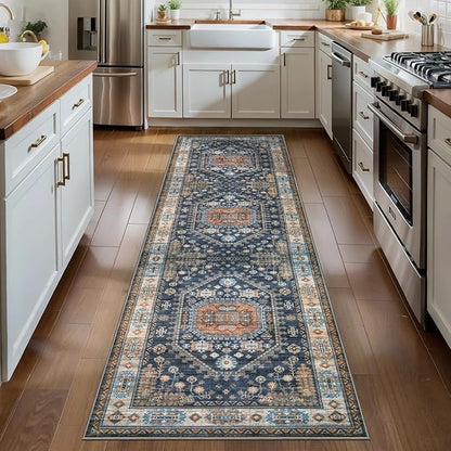 Tangsoo 2.6x8 Washable Runner Rug for Hallways,Vintage Non-Slip Kitchen Runner Rugs Non-Slip Soft Low Pile Long Rug Runner for Bedroom Entryway Laundry Bathroom Living Room Blue Orange