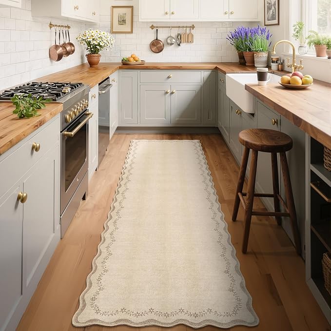 GarveeHome 2x6 Scalloped Washable Runner Rug for Kitchen, Soft Tan Jute Hallway Runner Non Slip Entryway Rug Farmhouse Thin Laundry Mat Stain Resistant Carpet for Bedroom Bathroom Beside Rug