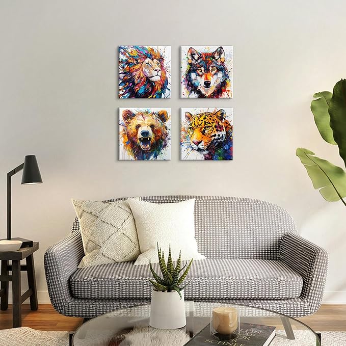 Animal Canvas Wall Art Boys Room Decor Abstract Colourful Lion Wolf Bear Tiger Pictures Kids Bedroom Watercolor Graffiti Animals Posters Nursery Paintings Toddler Artwork Framed Decorations 12x12”4Pcs