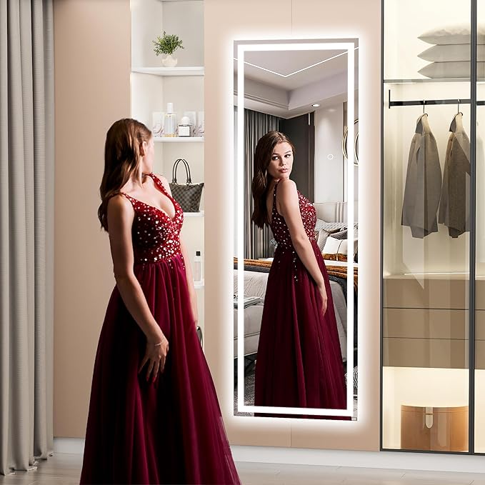 Hasipu Full Length Mirror with Lights, 56" x 15.8" LED Floor, Full Body Dressing Standing, Hanging Mounted Mirror, Square White