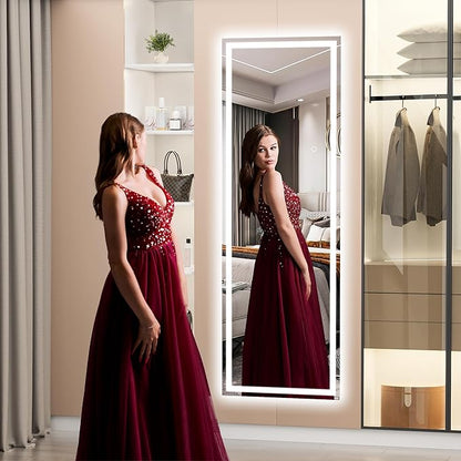 Hasipu Full Length Mirror with Lights, 56" x 15.8" LED Floor, Full Body Dressing Standing, Hanging Mounted Mirror, Square Black