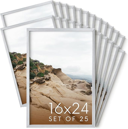 HAUS AND HUES 16x24 Silver Metal Picture Frames - Features Premium Aluminum, Vertical & Horizontal Hang, Shatterproof Plexiglass - Perfect for Home, Room, Office (16x24 in, Silver, Set of 25)
