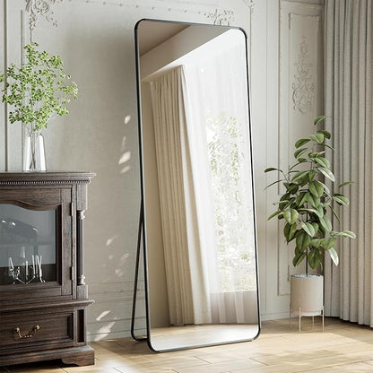 XRAMFY 65"x24" Floor Full Length Mirror Standing Full Body Rounded Corner Rectangle Mirrors with Stand Hanging Wall Mounted Leaning Bedroom Living Room Bedroom Cloakroom,Black