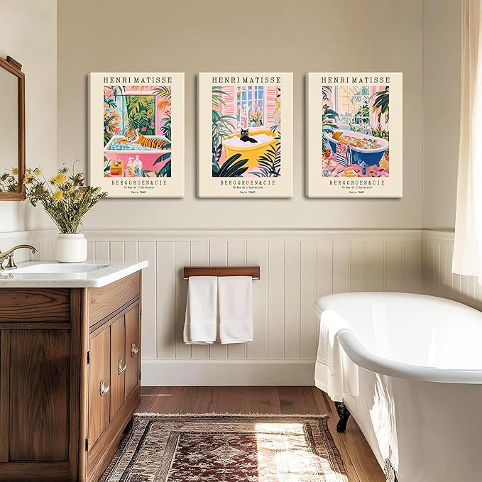 Funny Bathroom Canvas Wall Art Set of 3, Matisse Black Cat Animal Wall Decor Paintings, Cute Tiger Bathroom Pictures Posters Prints 12x16 Inch Framed