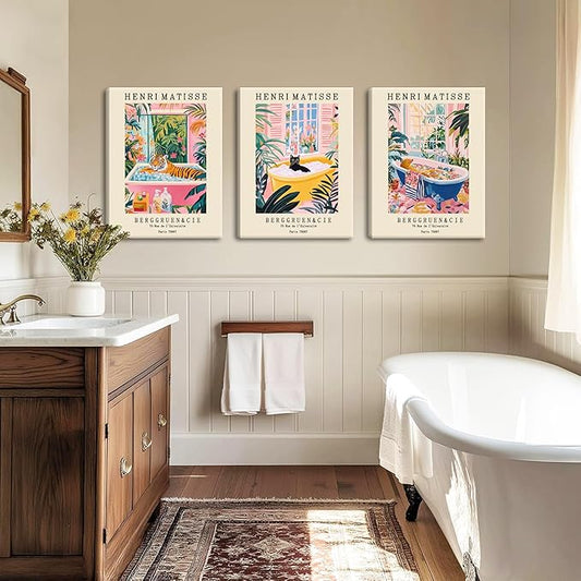 Funny Bathroom Canvas Wall Art Set of 3, Matisse Black Cat Animal Wall Decor Paintings, Cute Tiger Bathroom Pictures Posters Prints 12x16 Inch Framed