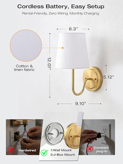 CLOUDY BAY 10000mAh Battery Operated Wall Sconces,Up to 100 Hours with Rechargeable RGB Dimmable Magnetic Bulb,Cordless Wall Lighting Fixtures with Remote for Bedroom,Soft Gold,2 Pack-12inch