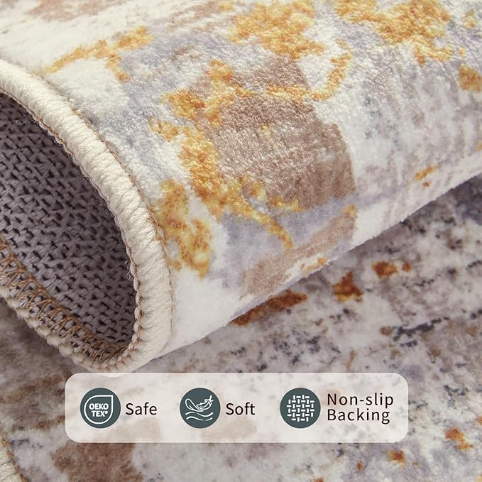 9x12 Area Rug for Living Room, Extra Large Washable Rug, Soft Neutral Abstract Rug for Bedroom, Office, Farmhouse, Low Pile Imitation Wool Non Slip Carpet Ideal for High-Traffic Areas, Beige Gold