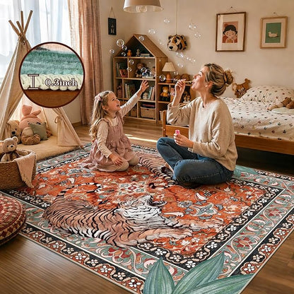 Tiger Washable Rugs for Living Room 4x6Ft, Boho Jungle Bedroom Area Rugs, Thin Botanical Entryway Nursery Area Floor Carpets for Dorm Dining Room Kids Playroom Study Farmhouse, Rust Red