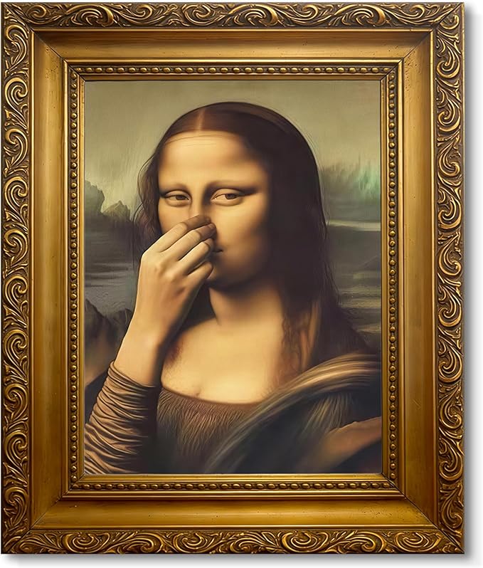 XYHYRA Vintage Mona Lisa Bathroom Wall Art, Funny Mona Lisa Pinching Nose Wall Decor, Humor Amusing restroom Canvas Print Painting for Toilet Bathroom Home Decor 8x10 Inch Unframed