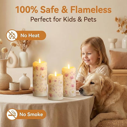 Eywamage Fiber Optic Flameless Pillar Candles with Remote, Floral Butterfly Spring LED Candles Flickering Home Decor Gift Set of 3