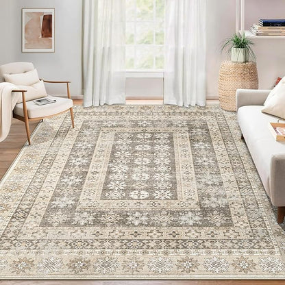 Area Rug Living Room Rugs 8x10 - Large Soft Boho Floral Rug, Non-Slip Foldable Washable Rugs Non Shedding Morden Indoor Floor Carpet for Living Room Bedroom Office Dining Room(FloralBrown, 8'x10')