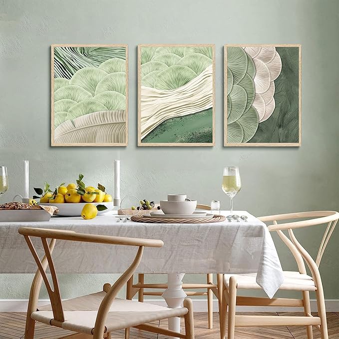3Pcs Abstract Green Wall Art Mid Century Texture Wall Decor Posters Pictures Modern Minimalist Sage Green Ginkgo Leaf Canvas Paintings Prints for Bedroom Living Room Decoration Unframed