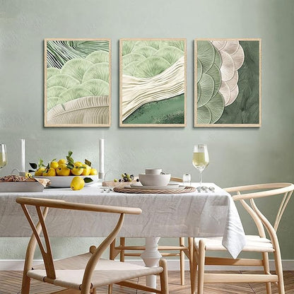 3Pcs Abstract Green Wall Art Mid Century Texture Wall Decor Posters Pictures Modern Minimalist Sage Green Ginkgo Leaf Canvas Paintings Prints for Bedroom Living Room Decoration Unframed