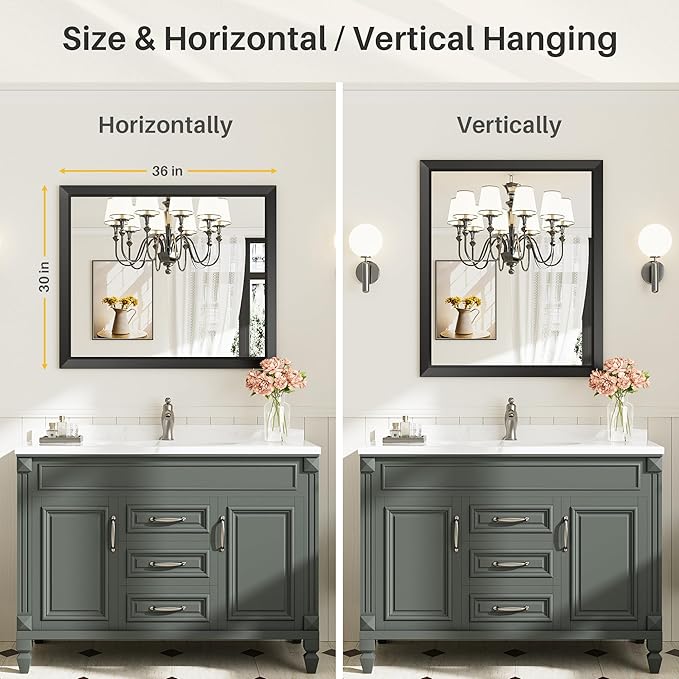 Briivue 36x30 Inch Black Bathroom Mirror for Wall, Thick Metal Framed Rectangle Mirrors for Over Sink, Bedroom, Living Room, Entryway, Anti-Rust, HD Tempered Glass