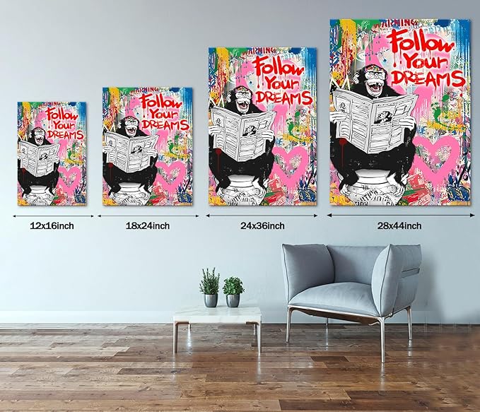 Banksy Art Wall Decor for Men Street Graffiti Canvas Wall Art Monkey on Toilet Painting Prints Follow Your Dreams Framed Artwork for Living Room Bedroom Office Decoration 18x24inch