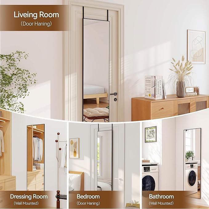 NARCISSUS 47x14 Mirror Door Hanging Full Length,Over Door or Wall Mounted Aluminum Alloy Frame Tempered Glass Rectangle Full Body Mirrors for Bedroom Dressing Living Room Bathroom 47 inch Black