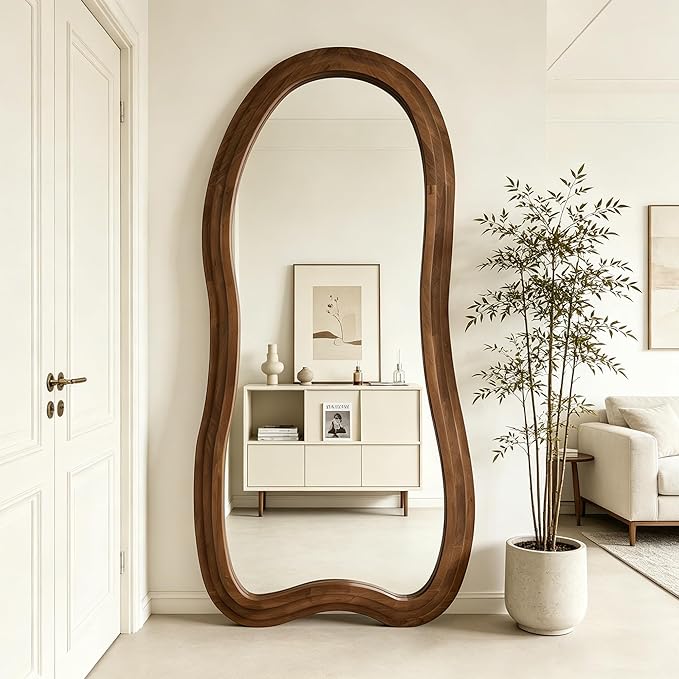 Large Irregular Floor Mirror, 67"x31.5" Organic Floor Mirrors with Triple Layer Solid Wood Frame, Premium Asymmetrical Full Body Mirror for Living Room Entryway Bedroom, Leaning/Hanging