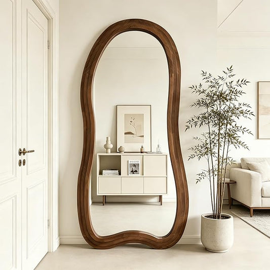 Large Irregular Floor Mirror, 67"x31.5" Organic Floor Mirrors with Triple Layer Solid Wood Frame, Premium Asymmetrical Full Body Mirror for Living Room Entryway Bedroom, Leaning/Hanging