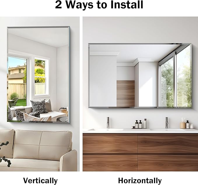 CILIBER Beveled Mirror, 30x48 Large Frameless Bathroom Mirrors for Wall, 3mm Tempered Glass Rectangle Vanity Mirror with Beveled Edge, Crystal-Clear, Hangs Horizontally or Vertically