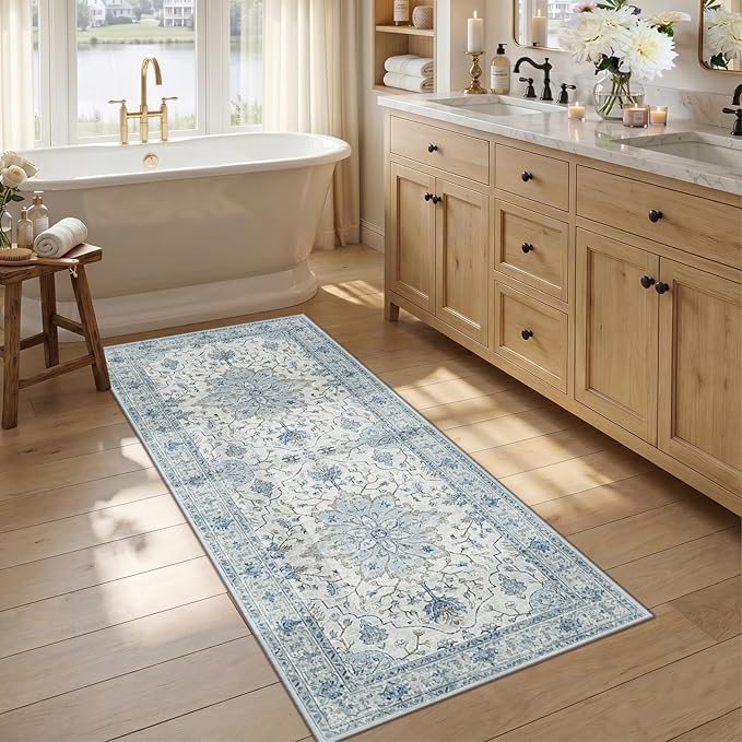RELEANY Area Rugs 2'6"x5' Runner Rug Non Slip Washable for Kitchen Hallway Bedroom Beside Laundry Room Bathroom Rug, Floor Carpet, Light Blue Navy Beige Gray White
