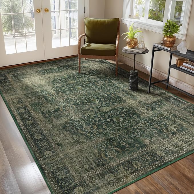 Dark Green Area Rugs 5x7 for Living Room, Vintage Moody Room Rug for Bedroom, Washable Non Slip Low Pile Carpet Rugs for Dining Room/Home Office, Earth Tone Jungle Green with Brown Accents