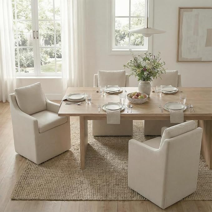KISLOT Upholstered Dining Chairs Set of 1, Modern Dining Room Chairs with Casters & Washable Cover, Rolling Accent Chair with Hidden Storage for Kitchen, Farmhouse, Living Room, Flax Beige, 1 Box