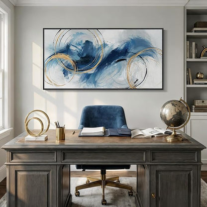 Extra Large Framed Navy Blue Abstract Canvas Wall Art for Living Room, Minimalist Modern Prints Paintings Artwork for Walls, Horizontal Contemporary Pictures Wall Decor for Bedroom, Office, 30x60 In