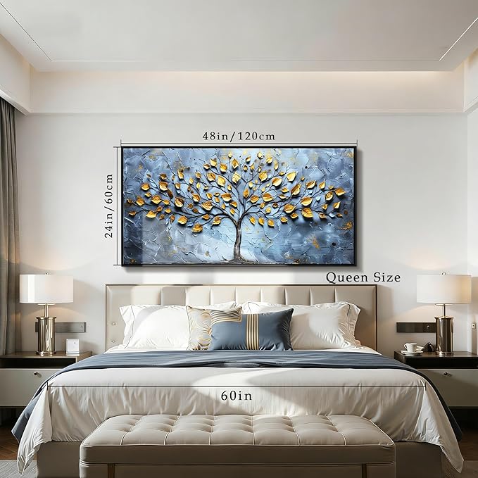 SERIMINO Tree of Life Wall Art, Large Framed Wall Art, Abstract Art Wall Decor, Blue Gold Tree Painting Prints, Nature Aesthetic Canvas Pictures for Living Room Bedroom Hallway Office Artwork 24"x48"