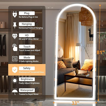 Hasipu 81"" x 33"" Led Mirror Full Length, Full Length Mirror with Lights Arch Design, Full Length led Mirror, Wall Mounted Mirror Dimming & 3 Color Modes, KM-A20585-H