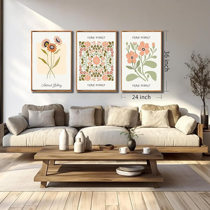 3 PCS Boho Floral Canvas Wall Art, Framed Rustic Botanical Canvas Paintings Prints ArtWork for Living Room, Vintage Flower Pictures for Farmhouse Dining Room Hallway Bedroom Wall Decor 24"x36"