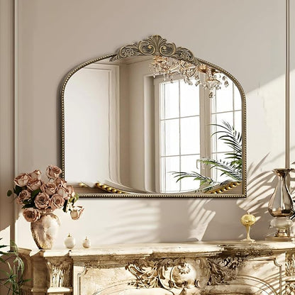 Micasso Vintage Gold Arched Mirror: 36"x29" French Baroque Antique Wall Mounted Mirror - Traditional Ornate Decorative for Wall/Fireplace/Entryway/Bathroom/Hallway - Home Decor for Living Room