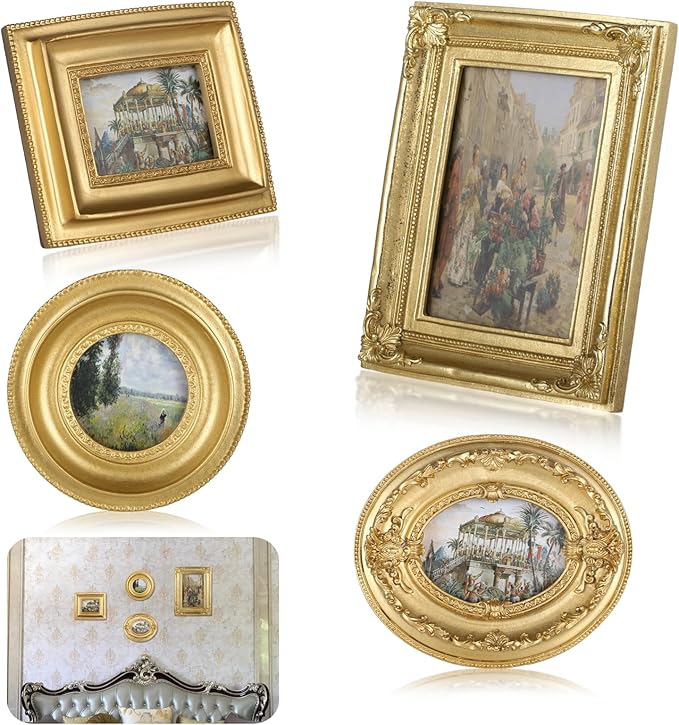 4 Styles Vintage Picture Frames, Small Golden Picture Frames, 4 Sizes Picture Frame 5.5''x4.6''/4.7''x4.7''/5.9''x7.7''/4.5''x5.4'',Collage Wall Mount & Tabletop Photo Display for Gallery Home Decor (Pack of 4)
