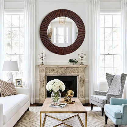 Chende 42'' Large Circle Mirror with Wood Frame, Decorative Mirror for Living Room, Farmhouse Bathroom Mirrors with Bronze Groove Finish for Entryway, Bedroom
