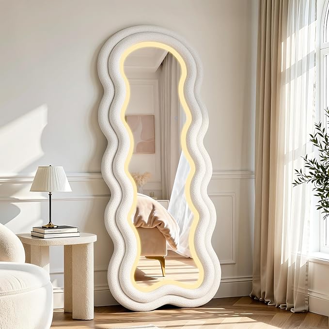 Wavy Wavy Full Length Mirror, 63"×24" Irregular Full Body Mirror with 3-Color Adjustable Light, Luxury Teddy-Velvet Frame Floor/Wall Mounted Mirror for Living Room/Bedroom/Dressing Room
