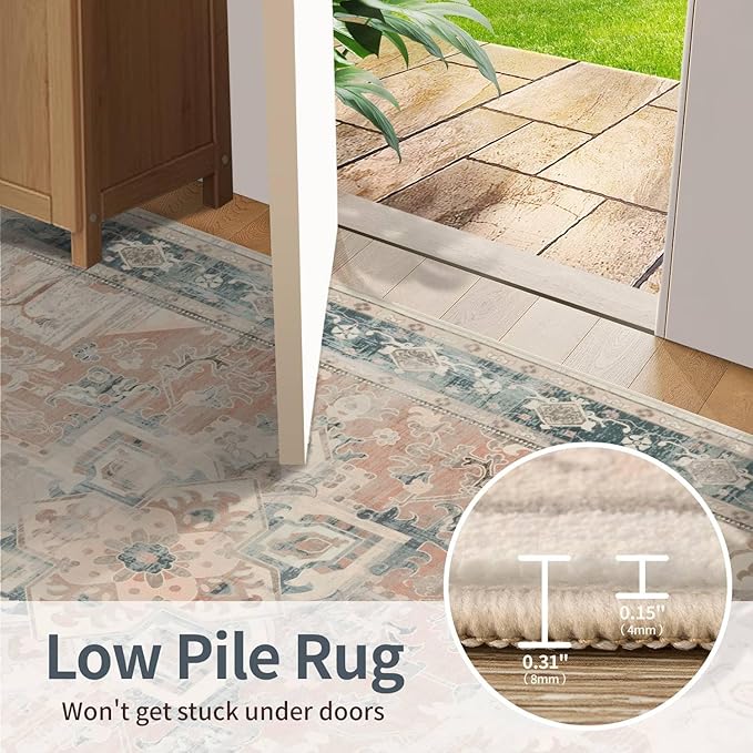 Rugxara 4X6 Rug,Washable Area Rugs for Living Room, Orange Boho Rug,Neutral Vintage for Bedroom, Dining Room, Kids Room, Farmhouse, Low Pile Non Slip Carpet for High Traffic Areas, Coral(Orange&Blue)