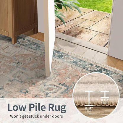 Rugxara 4X6 Rug,Washable Area Rugs for Living Room, Orange Boho Rug,Neutral Vintage for Bedroom, Dining Room, Kids Room, Farmhouse, Low Pile Non Slip Carpet for High Traffic Areas, Coral(Orange&Blue)