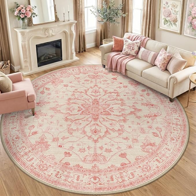 RELEANY Area Rugs Round 8ft Washable Non-Slip, Floral Vintage Distress Print Pattern Medallion Carpet for Living Room Bedroom Dining Room, Pink Light Vintage Pink