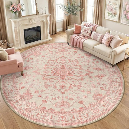 RELEANY Area Rugs Round 8ft Washable Non-Slip, Floral Vintage Distress Print Pattern Medallion Carpet for Living Room Bedroom Dining Room, Pink Light Vintage Pink