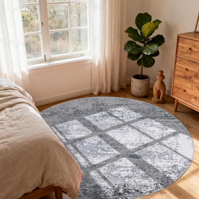 ROYHOME Modern Abstract 8x8 Round Area Rug Non Slip Non Shedding Rug Low Pile Stain Resistant for Bedroom Living Room Office Dining Room,Light Grey