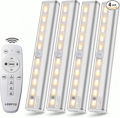 LDOPTO Under Cabinet Lights Wireless with Remote Control Dimmable Battery Operated LED Closet Lights Stick-on Kitchen Lighting with Timer for Kitchen Shelf Hallway Stairs, Multiple Colors 4 Pack