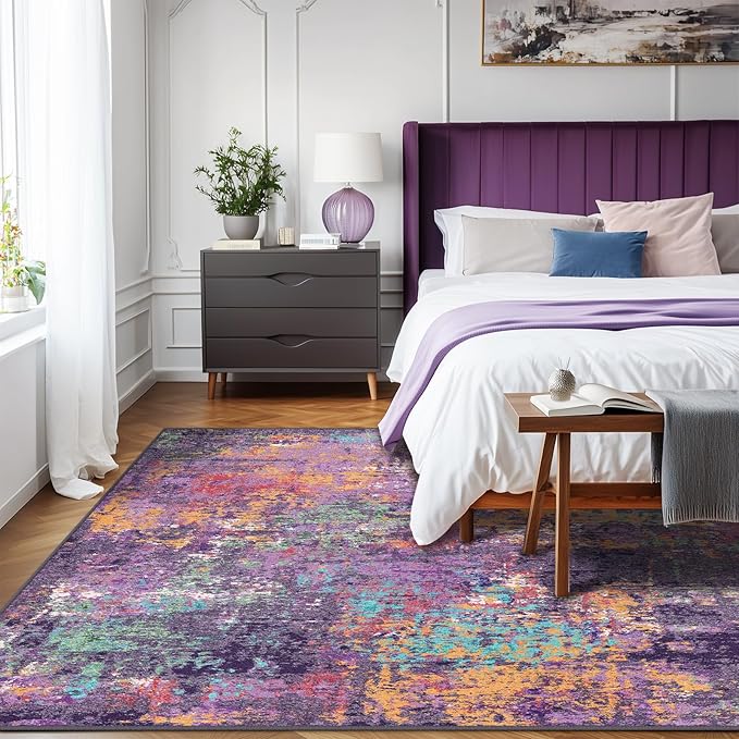 RELEANY Washable Area Rugs 7'x9' Non-Slip Modern Abstract Soft for Living Room Entryway Bedroom Nursery, Print Pattern, Purple Orange Blue Green Rust Red Colorful